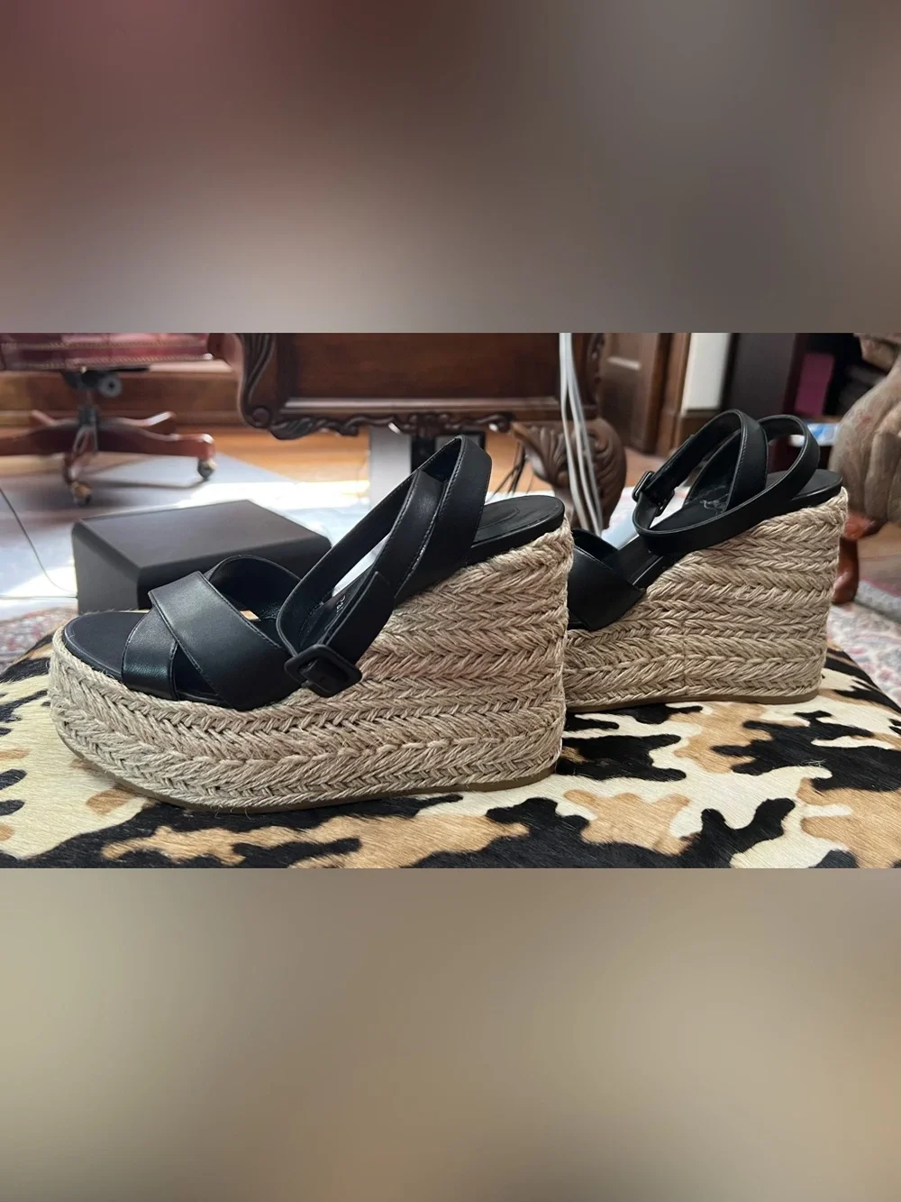Christian Louboutin Mariza Zeppa Black Leather Espadrille Wedge Sandals 39 NWOT